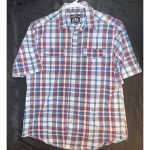 Pacific Outfitters Men’s M Western Plaid Pearl Snap Shirt Stretch Red Blue White